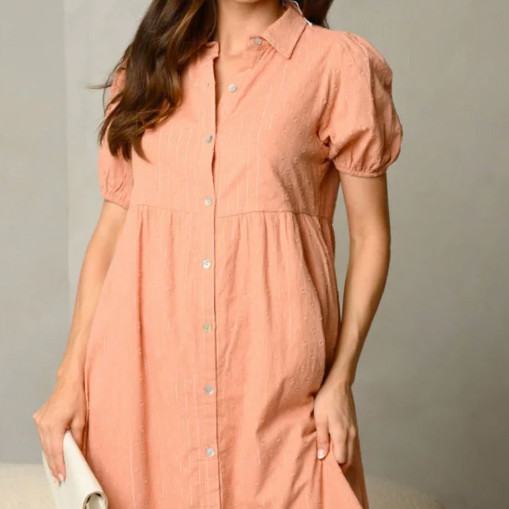 WOMEN'S COLLARED BUTTON-DOWN TIERED SHIRT MIDI DRESS